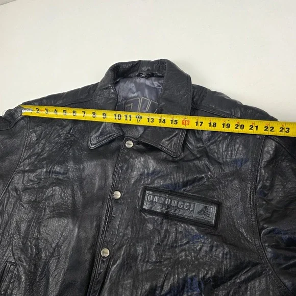 VTG DAVNUCCI Mens Black Genuine Leather Bomber Jacket PatchesXL Can fit 2XL